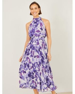 Yumi' Abstract Floral Halter Neck Pleated Midi Dress - Purple