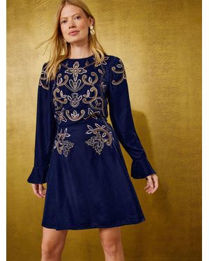Love & Roses Cobalt Embroidered Velvet Mini Dress - Blue