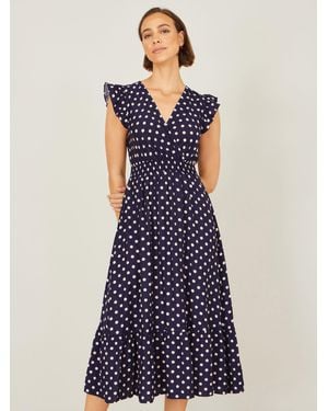 Yumi' Spot Ruched Waist Midi Dress - Blue
