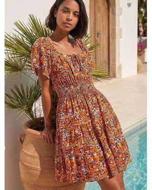 Roman Floral Print Shirred Dress - Brown