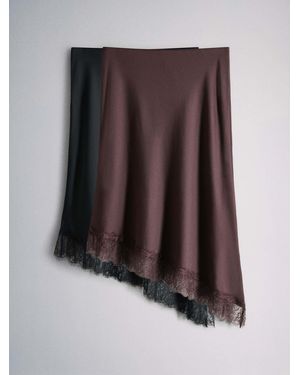 The Set 2 Pack Satin Crepe Lace Hem Asymmetric Midi Skirts - Brown
