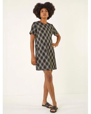 Roman Check Print T-Shirt Stretch Dress - Natural