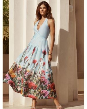 Lipsy X Mandy Sade Halter Neck Floral Print Plunge Midaxi Dress - Brown