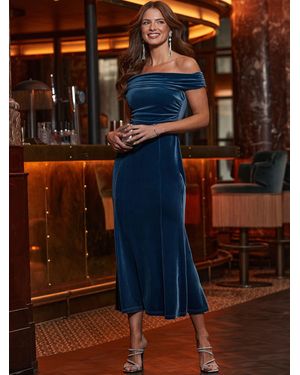 Sosandar Velvet Bardot Maxi Dress - Blue