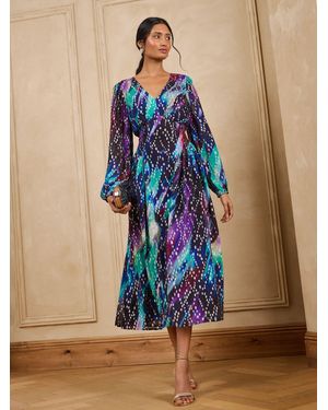 Love & Roses Blurred Metallic Drop Waist Midi Dress - Blue