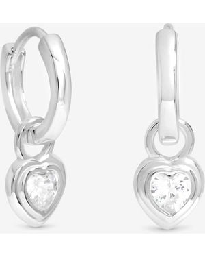 Simply Silver Polished And Cubic Zirconia Heart Besel Hoop Earrings - White