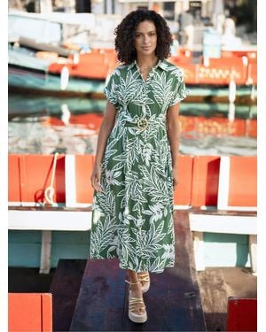 Yumi' Leaf Print Viscose Relaxed Midi Shirt Dress - Green
