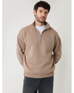 Threadbare Relaxed Fit Half Zip Sweatshirt - Natural