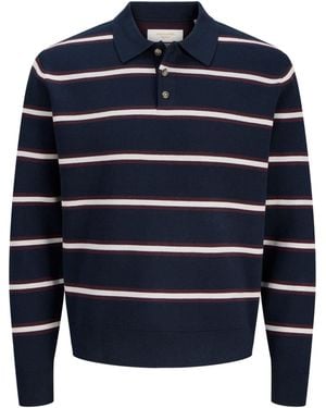 Jack & Jones Long Sleeve Stripe Knit Polo Shirt - Blue