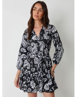 Threadbare Paisley Print V-Neck Belted Shirt Dress - Grey