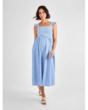 Jojo Maman Bébé Gingham Shirred Maternity Midi Dress - Blue