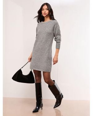 Lipsy Embellished Neck Bow Detail Tie Knitted Dress - Natural