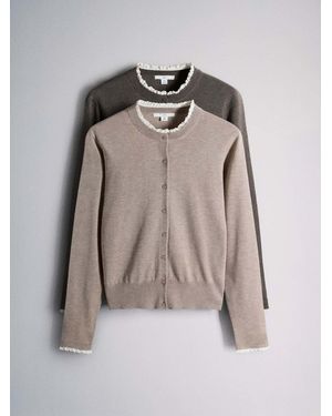 The Set 2 Pack Frill Neck Cardigans With Wool Taupe/Chocolate - Brown