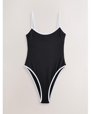 Self Scoop Back Swimsuit With Piping - Black