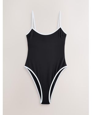 Self Scoop Back Swimsuit With Piping - Black