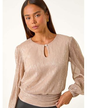 Roman Petite Crinkle Keyhole Shimmer Top - Natural