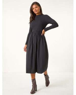 Roman Cotton Stretch Jersey Mix Midi Dress - Black