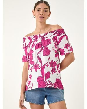 Roman Floral Print Bardot Top - Pink