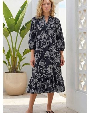 Roman Floral Puff Print Buttoned Midi Dress - Black