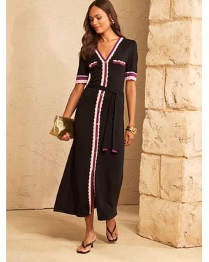 Love & Roses Love & Roses Petite V-Neck Striped Scalloped Detail Tie Waist Knitted Midi Dress - Natural