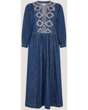 Monsoon Betty V-Neck Embroidered Denim Cropped Sleeve Midi Dress - Blue
