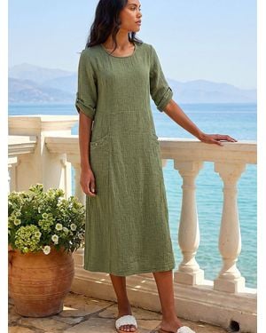 Roman Textured A-Line 100% Cotton Midi Dress - Green