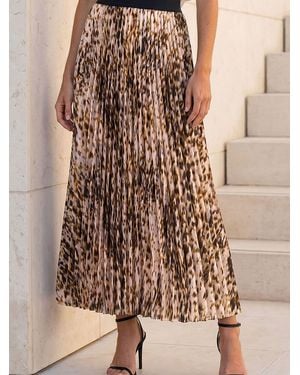 Roman Animal Print Pleated Midi Skirt - Brown