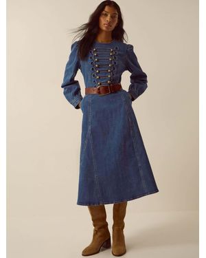 Monsoon Women's Dark Blue Cotton Military Denim Midi Dress, Size: 12
