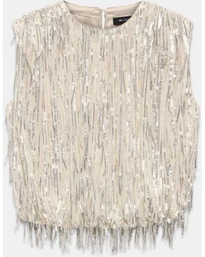 Mint Velvet Cream Sequin Fringe Detail Top - White