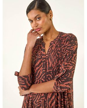Roman Animal Print Pintuck Stretch Shirt - Brown