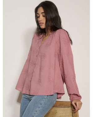 Apricot Floral Embroidered Cotton Blouse - Pink