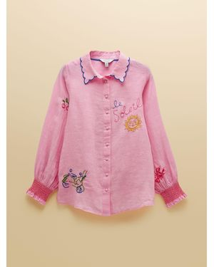 Joules Orla Embroidered Icons Pure Linen Long Sleeve Shirt - Pink