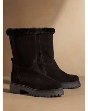 Russell & Bromley Suede Elmley Shearling Midi Boots - Black
