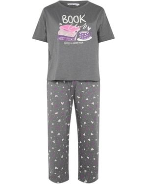 Yours Curve Book Club Wide Leg Pajamas Set - Gray