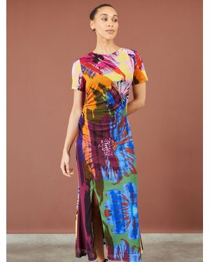Yumi' Abstract Floral Mesh Midi Dress - Orange