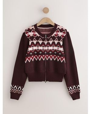 Next Wine Fairisle Zip Through Cozy Cardigan - Red