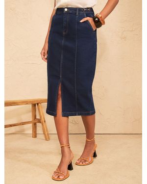 Love & Roses Denim Snaffle Trim Pencil Skirt - Blue
