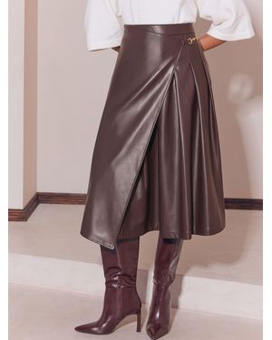 Lipsy Chocolate Faux Leather Trim Pleated Midi Skirt - Brown