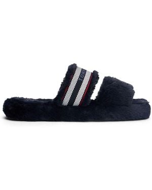 Tommy Hilfiger Faux Fur Woven Logo Slippers - White