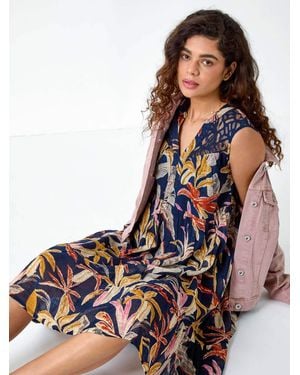 Roman 100% Cotton Tropical Lace Detail Tiered Dress - Blue