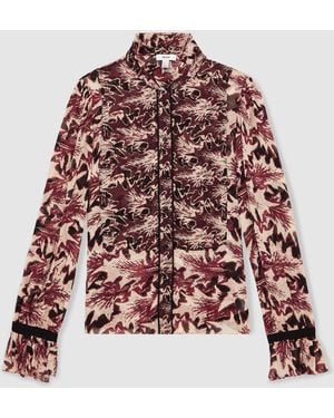 Reiss Jules Abstract-Print Ruffle-Neck Shirt - Red