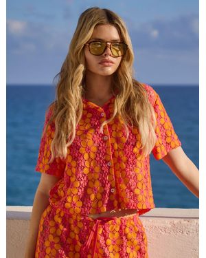 South Beach Floral Crochet Short Sleeve Beach Shirt - Orange