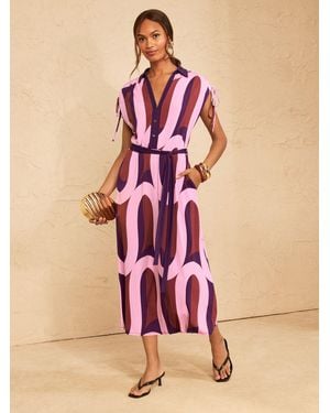 Love & Roses Jersey Ruched Shoulder Belted Midi Dress - Pink