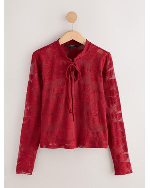 Next Long Sleeved Floral Mesh Lace Keyhole Top - Red