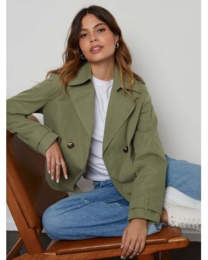 Threadbare Double Breasted Cropped Trench Jacket - Green