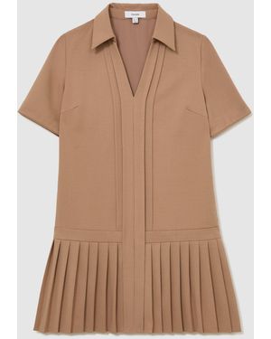 Reiss Elena Pleated-Skirt Collared Mini Dress - Brown
