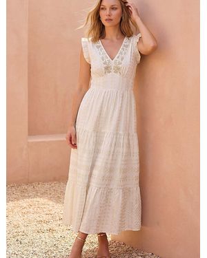 Roman Brocade Frill V-Neck Midi Dress - Natural