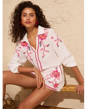 Love & Roses Embroidered Beach Shirt - Pink
