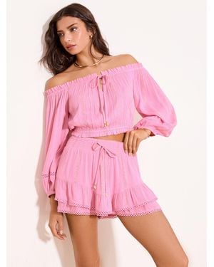 Lipsy Metallic Sparkle Ladder Trim Crinkle Beach Cover Up Bardot Top - Pink