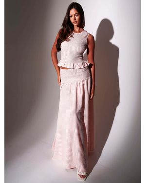 South Beach Textured Gingham Shirred Waist Maxi Skirt - Pink